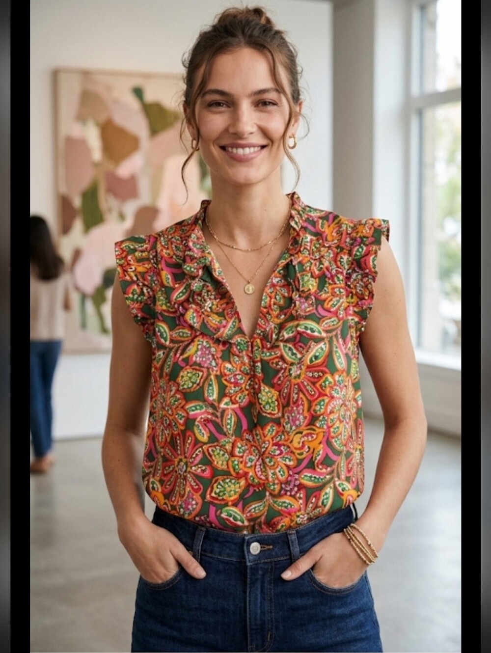 J. CREW Multicolor Vibrant Floral Print Sleveless Ruffle Top Womens SIZE LARGE.
